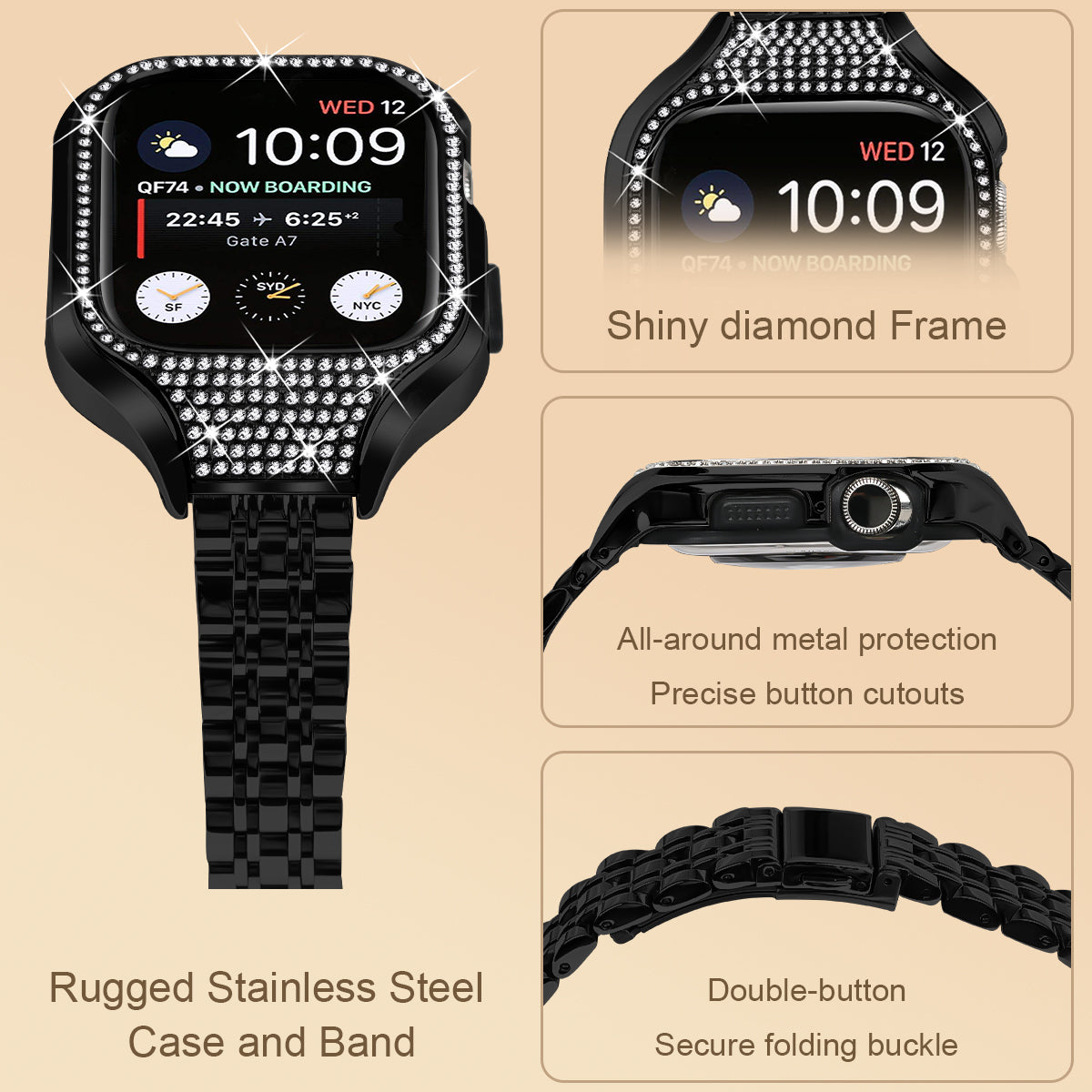 For Apple Watch Series 7 / 8 / 9 41mm Replacement 7 Beads Stainless Steel Strap with Watch Case - Black For Apple Watch Series 7 / 8 / 9 41mm Replacement 7 Beads Stainless Steel Strap with Watch Case - Black